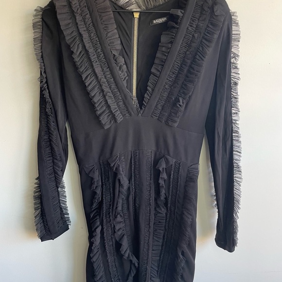 NWOT Balmain|| Viscose With Ruffled Tulle Trims V-Neck Long Sleeves Mini Dress - Picture 10 of 10